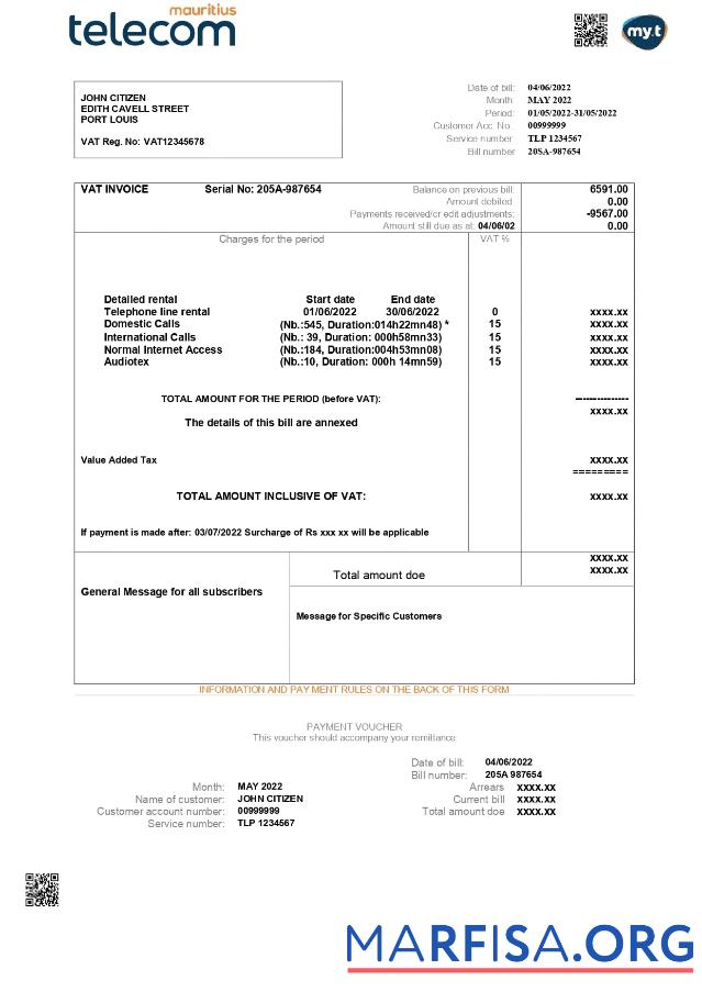 Blank Mauritius Telecom Mauritius utility bill template in Word and PDF format
